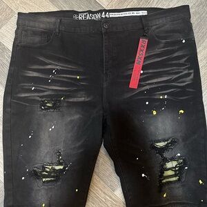 Reason Men's Black and Yellow Paint-Splatter Jean Shorts